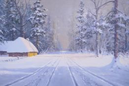 T. Werner, winter landscape at twilight, signed, oil on canvas, 99 x 64cm