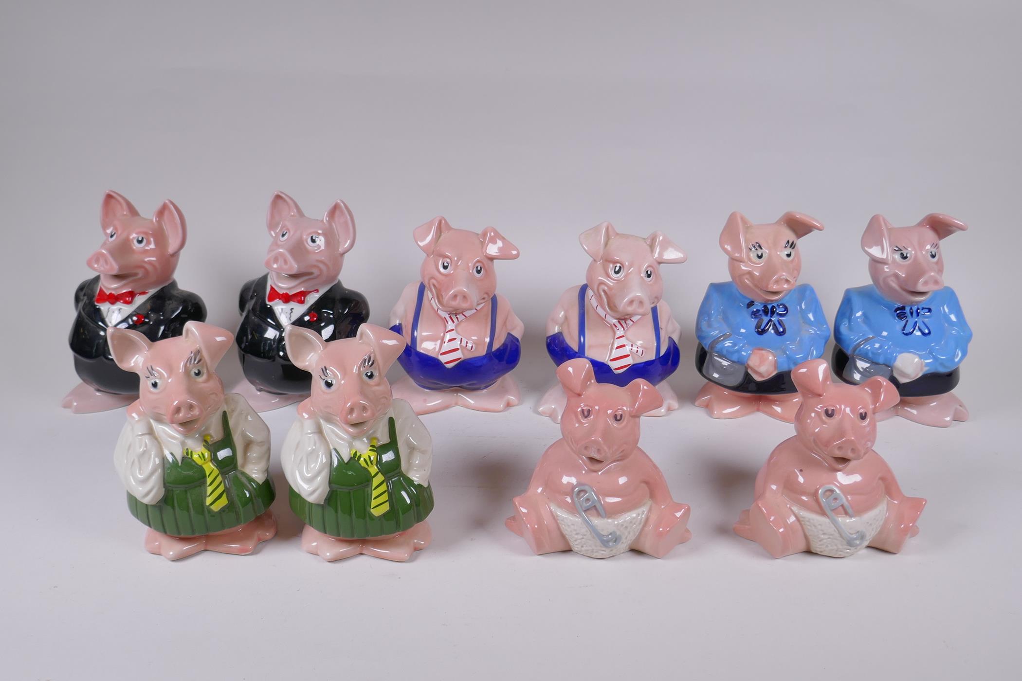 Two sets of five Wade NatWest ceramic piggy banks, largest 18cm high