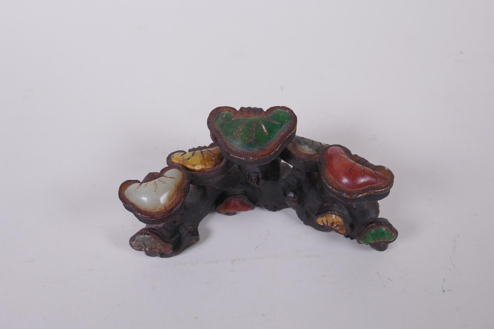 A Chinese bronze brush rest of Ruyi form, with inlaid hardstone and agate decoration, 13cm long - Image 2 of 3