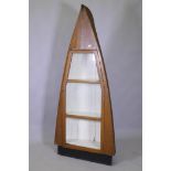 A larch and elm half boat display cabinet, with single glazed door and clinker planked sides, 84 x