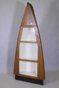 A larch and elm half boat display cabinet, with single glazed door and clinker planked sides, 84 x