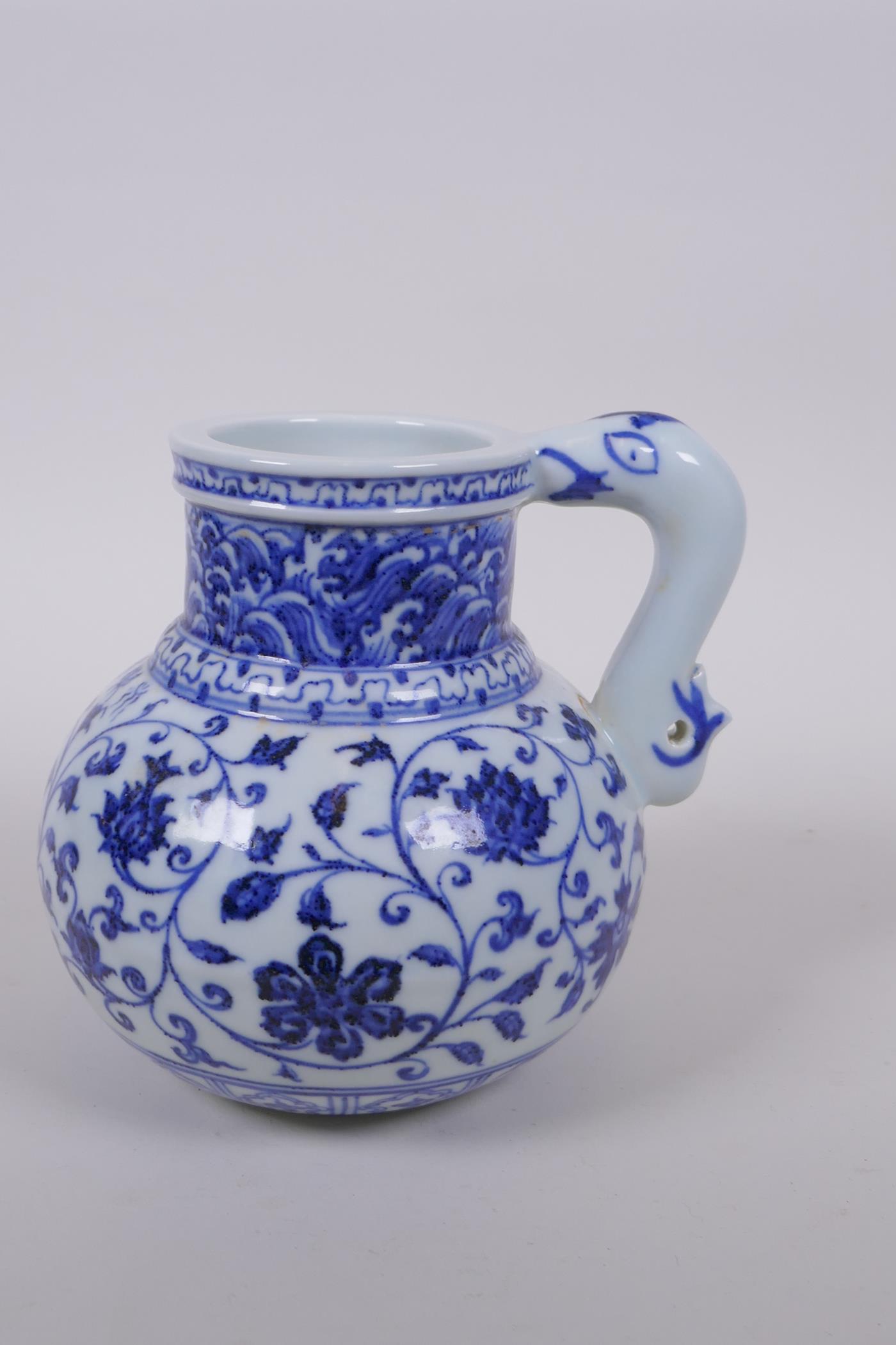 A Chinese blue and white porcelain wine jar with scrolling lotus flower decoration, 4 character mark - Image 4 of 5