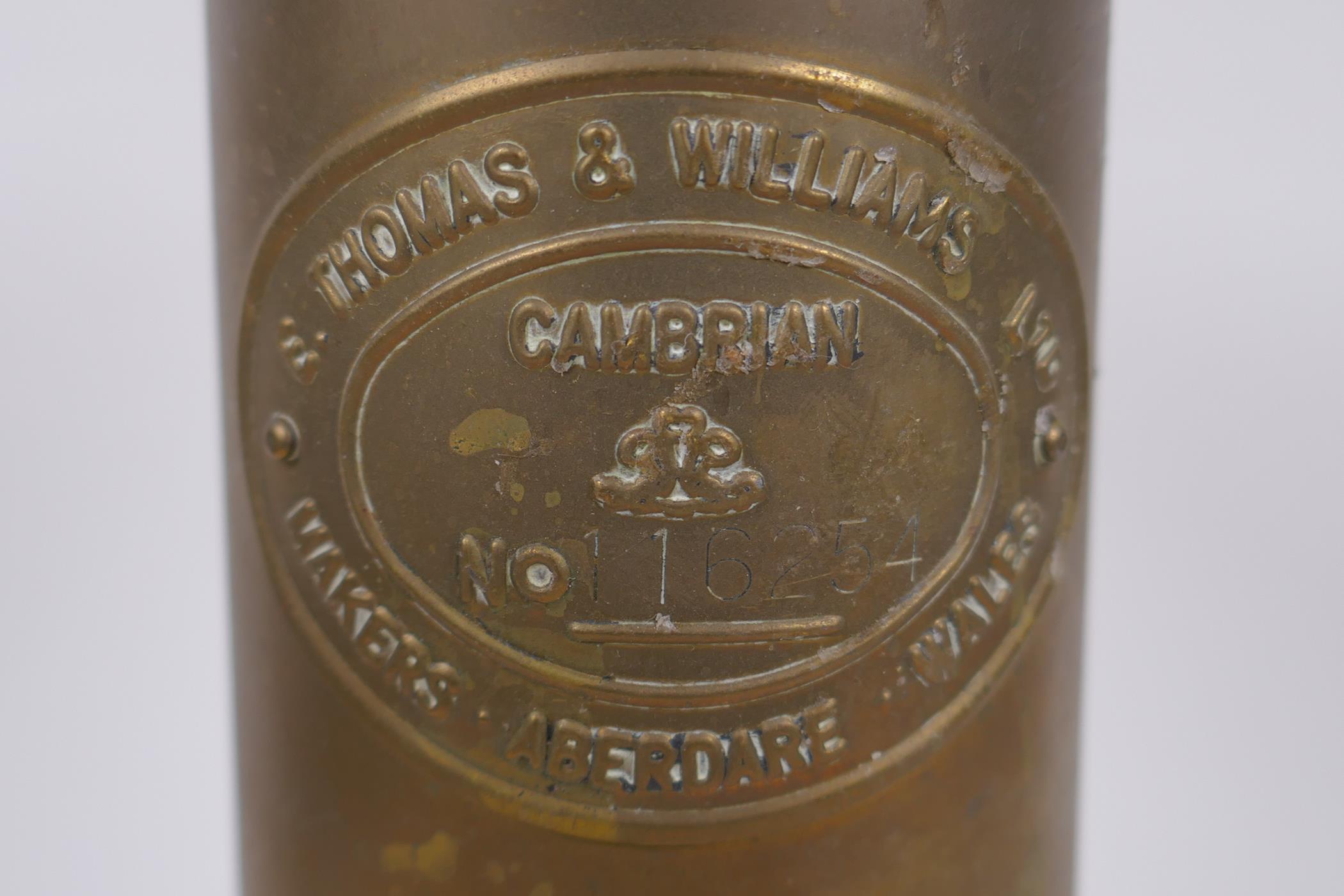 A Cambrian Lampworks brass miner's flame safety lamp by E. Thomas & Williams Ltd, with - Image 3 of 5