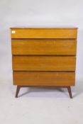 A mid century lacquered teak four drawer chest, raised on splay supports, 76 x 46 x 87cm