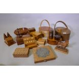 A collection of treen, carved wood bowl, boxes etc, a marquetry bowl, 27cm diameter, box of the