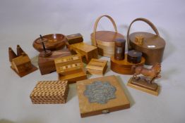 A collection of treen, carved wood bowl, boxes etc, a marquetry bowl, 27cm diameter, box of the