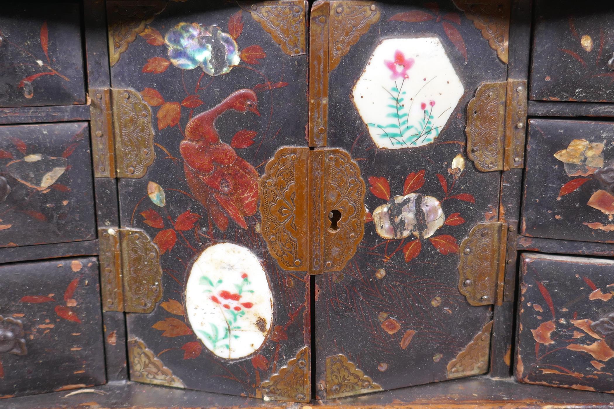 A Japanese Meiji period lacquer table top shodhana with inset porcelain panels, 31 x 14cm, 47cm high - Image 4 of 5