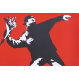 After Banksy, Love is in the Air (Flower Thrower), limited edition copy screen print No. 420/500, by