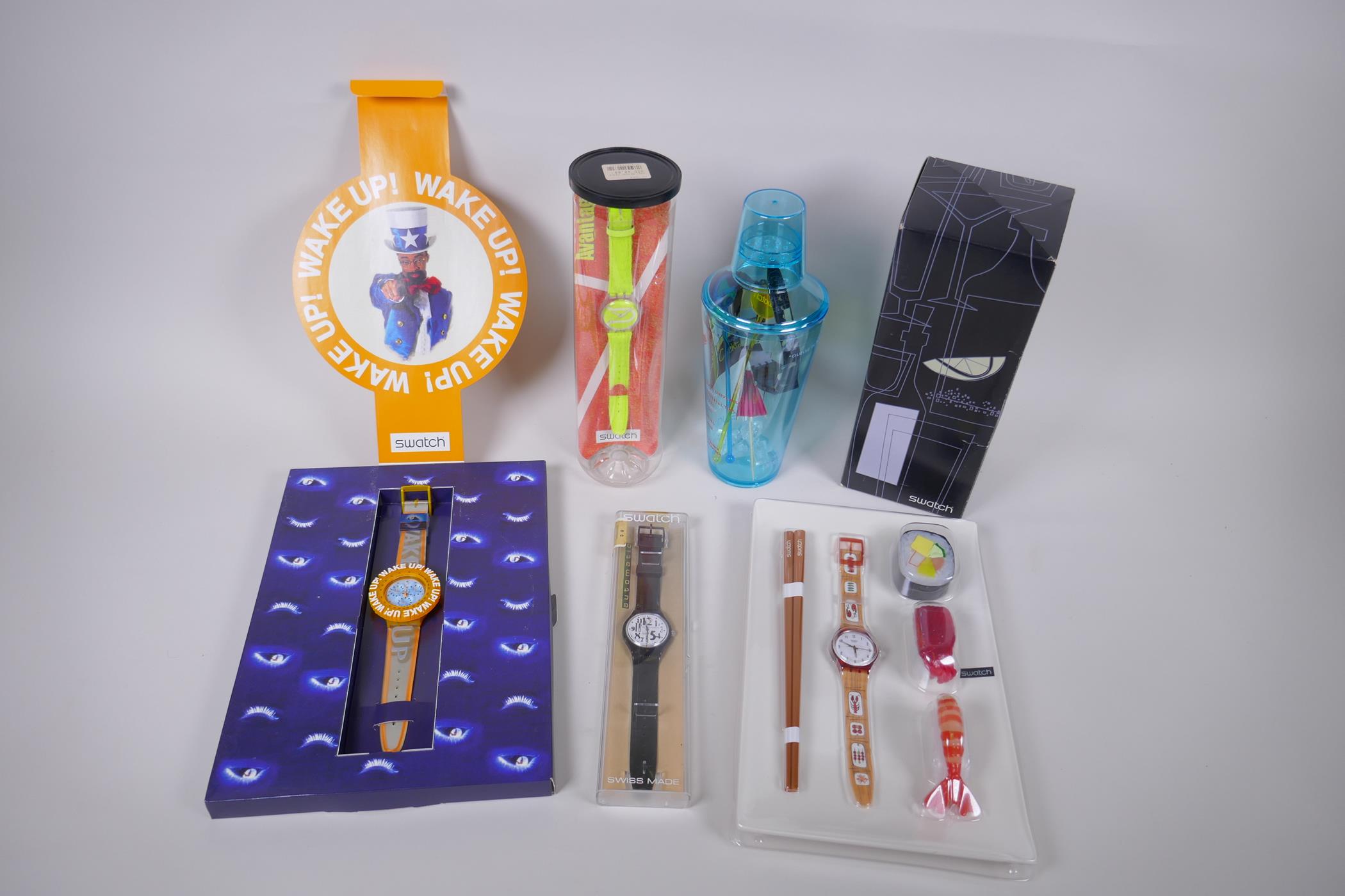 A collection of Retro Swatch watches including Hors D'Oeuvre Sushi 2001, Advantage 1998, Hangover