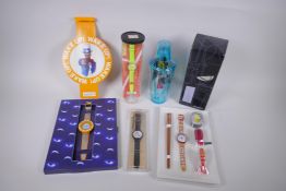 A collection of Retro Swatch watches including Hors D'Oeuvre Sushi 2001, Advantage 1998, Hangover