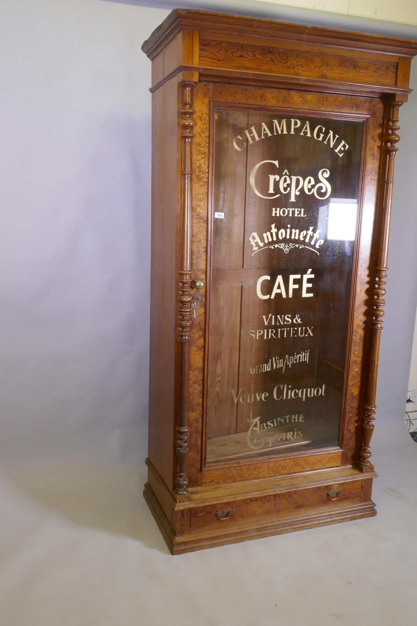 A C19th French pitch pine armoire with glazed door and sign-written decoration, 109 x 50 x 215cm - Image 3 of 3