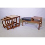 A nest of three G Plan Astro tile top teak tables, 50 x 50 x 50cm, and a mid century telephone