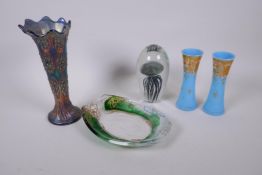 A collection of assorted glassware, to include a jellyfish dump weight, an iridescent lustre glass