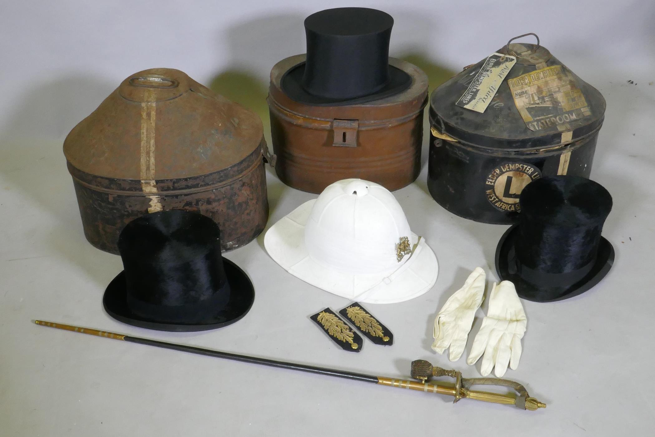 A George V British colonial service diplomatic corps court sword, pith helmet, epaulettes and cap
