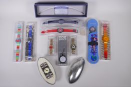 A collection of Retro Swatch watches including Color the Sky 2004, Luminosa 1997 (Scuba Loomi),