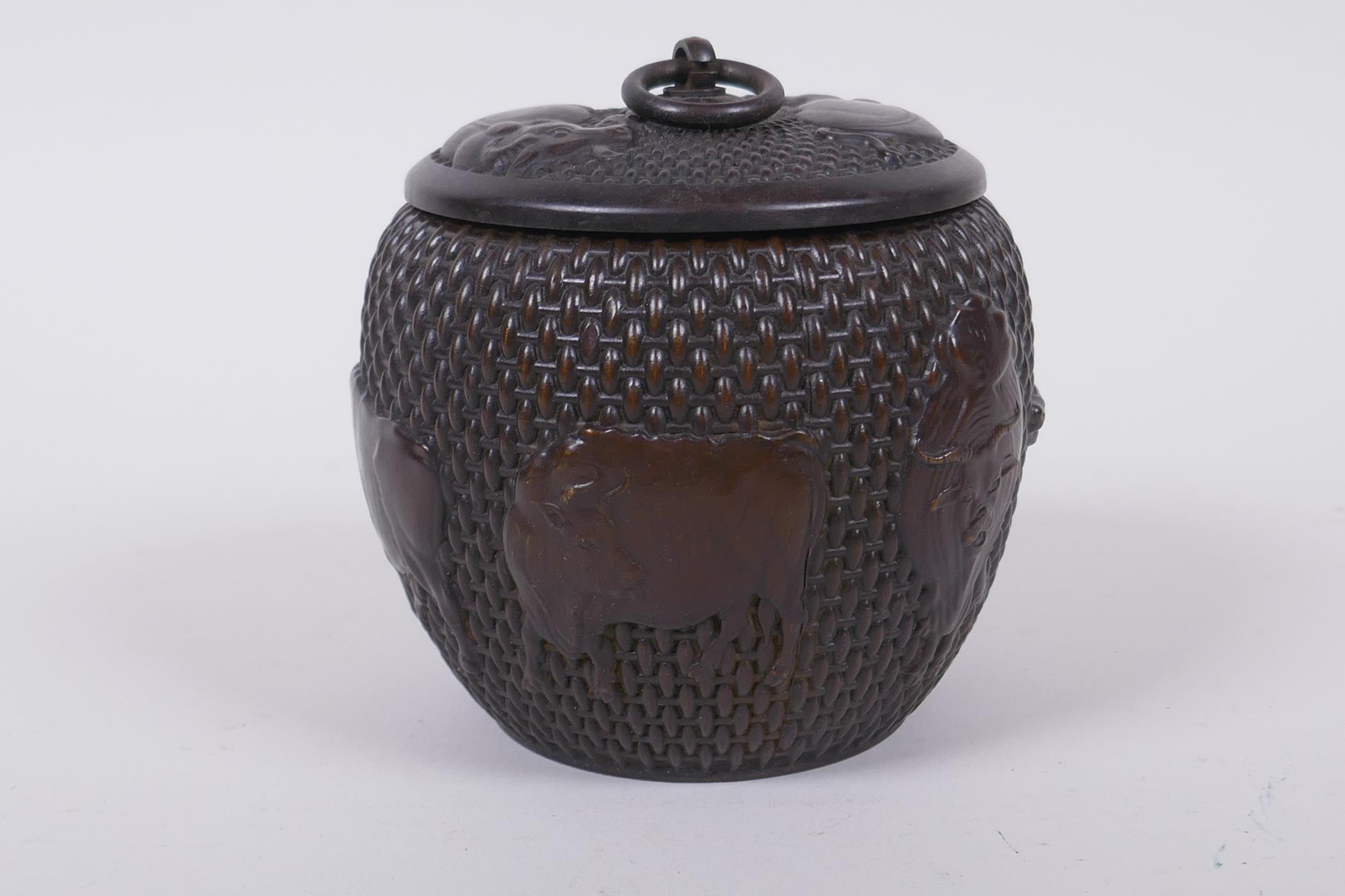 A Chinese bronze jar and cover of basket form, with water buffalo decoration, impressed Xuande 4 - Image 5 of 7