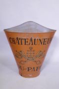 A French style orange painted metal grape picker's hopper, decorated with a Chateau Neuf du Pape