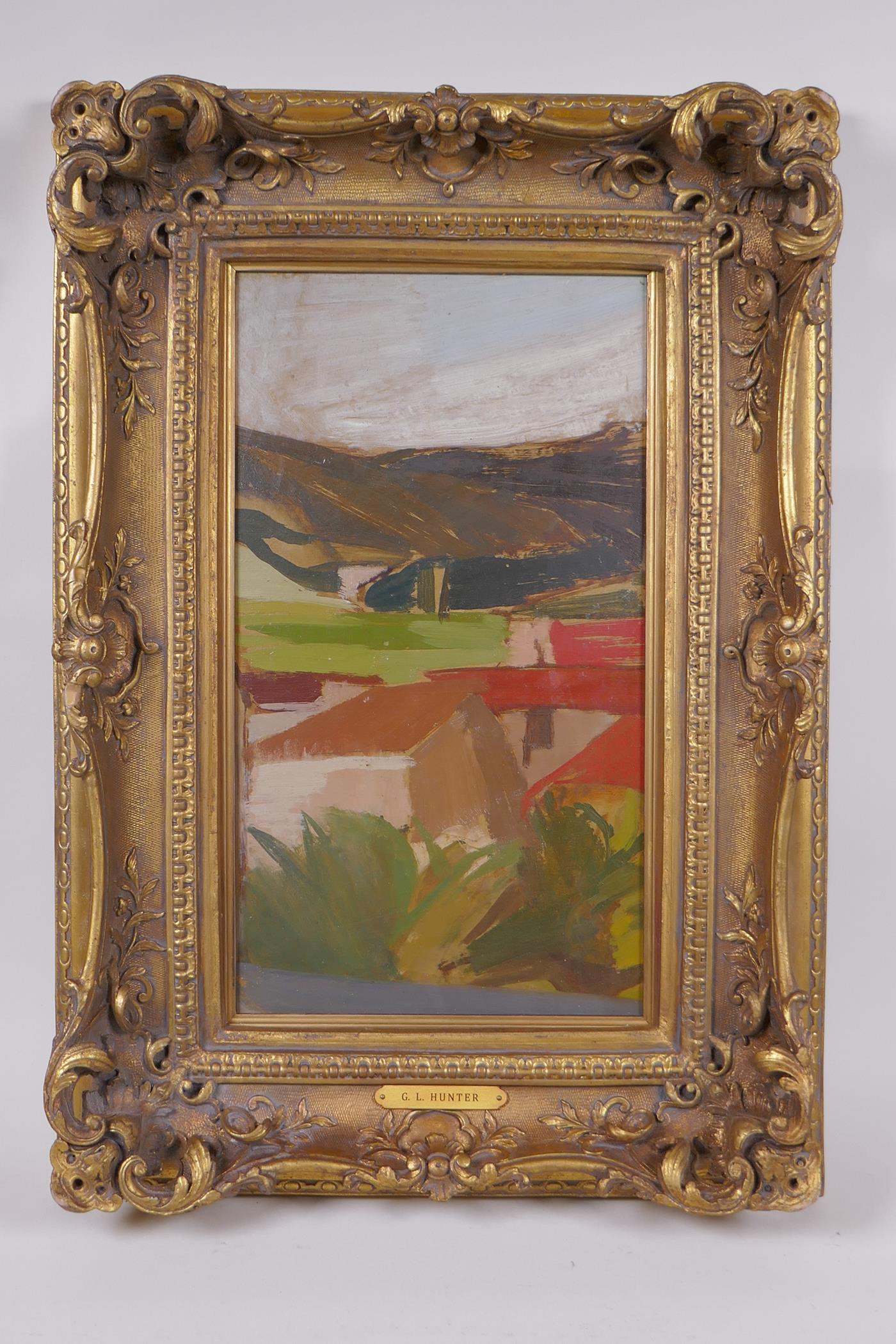 View across a landscape, inscribed on frame plaque G. L. Hunter, early C20th oil on board, in a gilt - Image 2 of 4