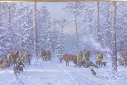T. Werner, winter landscape with hunters in the snow, signed, oil on canvas, 100 x 65cm