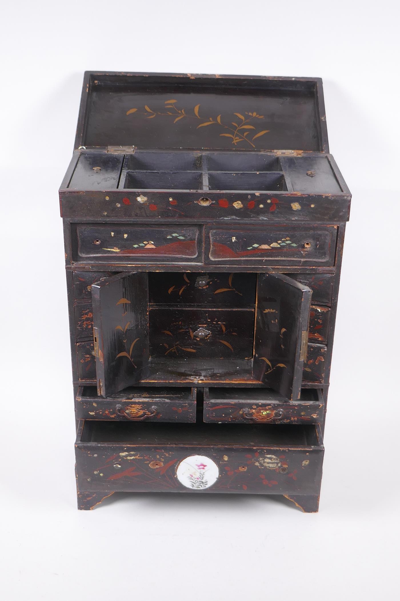 A Japanese Meiji period lacquer table top shodhana with inset porcelain panels, 31 x 14cm, 47cm high - Image 3 of 5