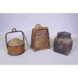 Two antique oriental wicker food baskets and a similar back pack, largest 40cm high