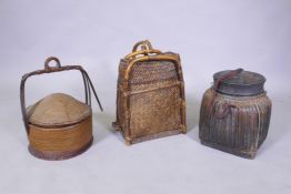 Two antique oriental wicker food baskets and a similar back pack, largest 40cm high