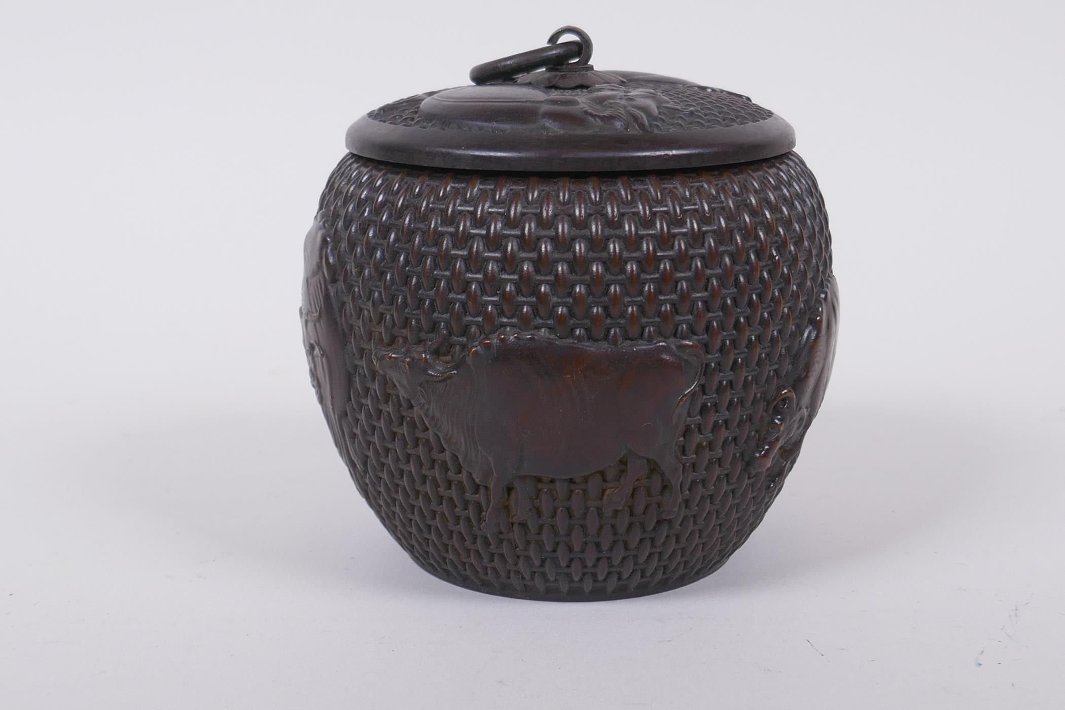 A Chinese bronze jar and cover of basket form, with water buffalo decoration, impressed Xuande 4 - Image 2 of 7