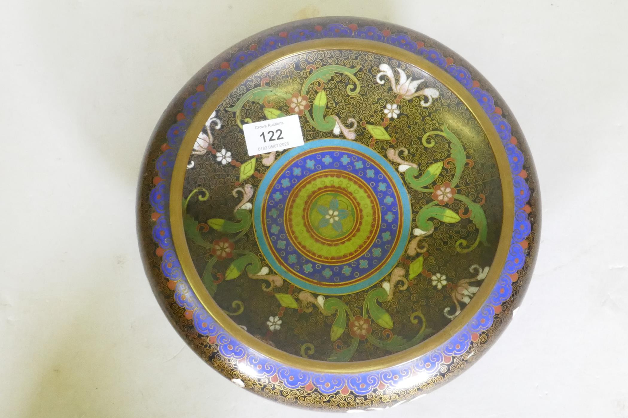 A Chinese cloisonne famille noire enamel bowl, four character mark to base, early C20th, 26cm - Image 2 of 4
