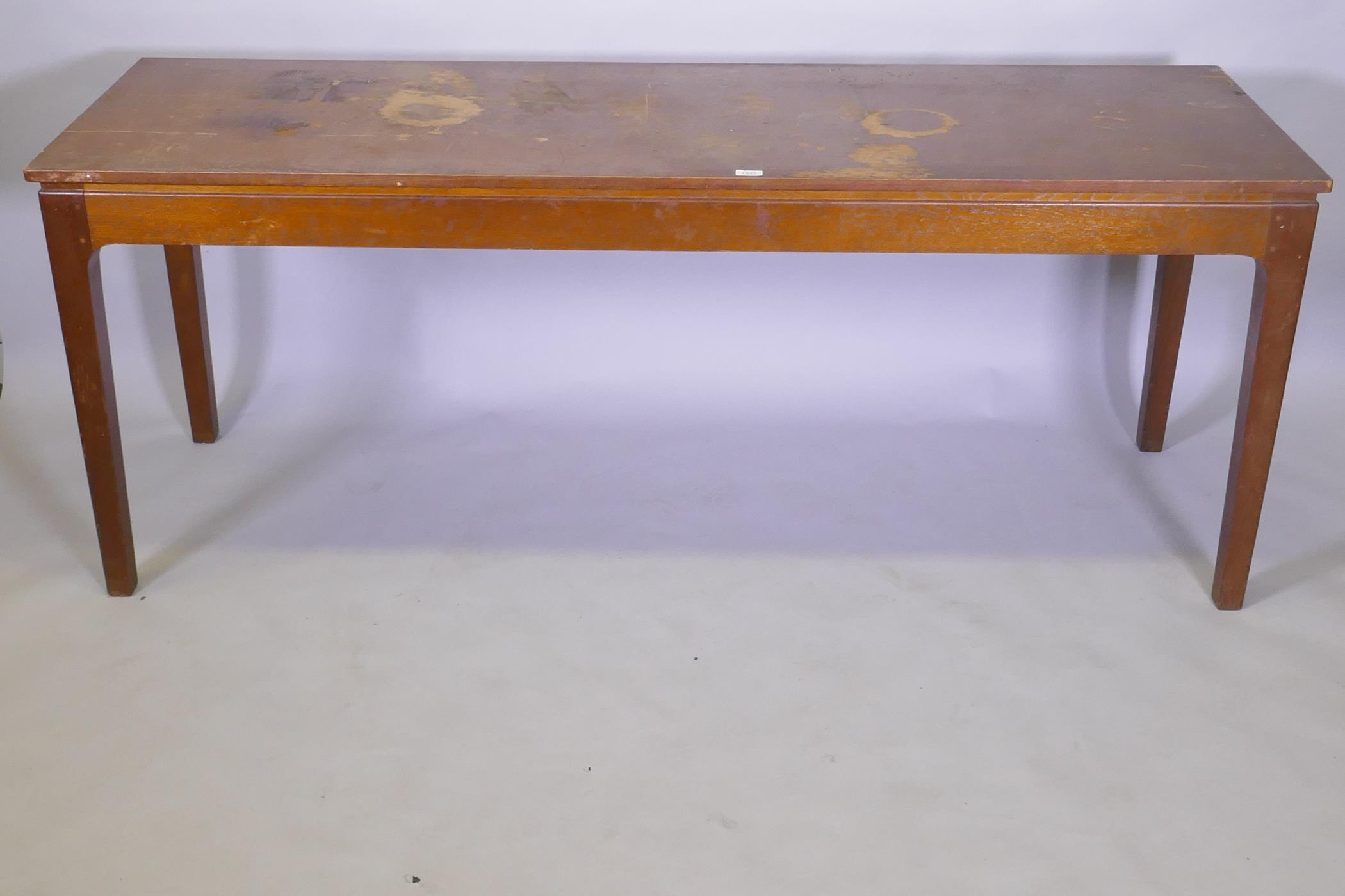 A mid century oak veneered serving table, raised on square tapering supports with pegged joints, - Image 2 of 5