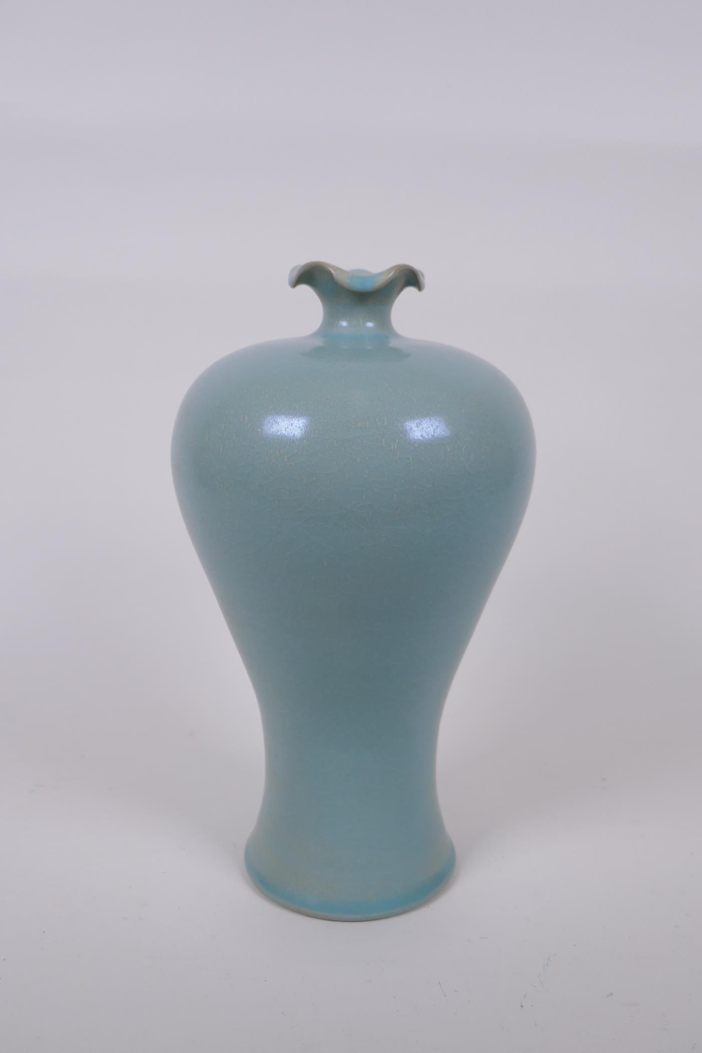 A Chinese Ru ware style porcelain meiping vase with frilled rim, 26cm high
