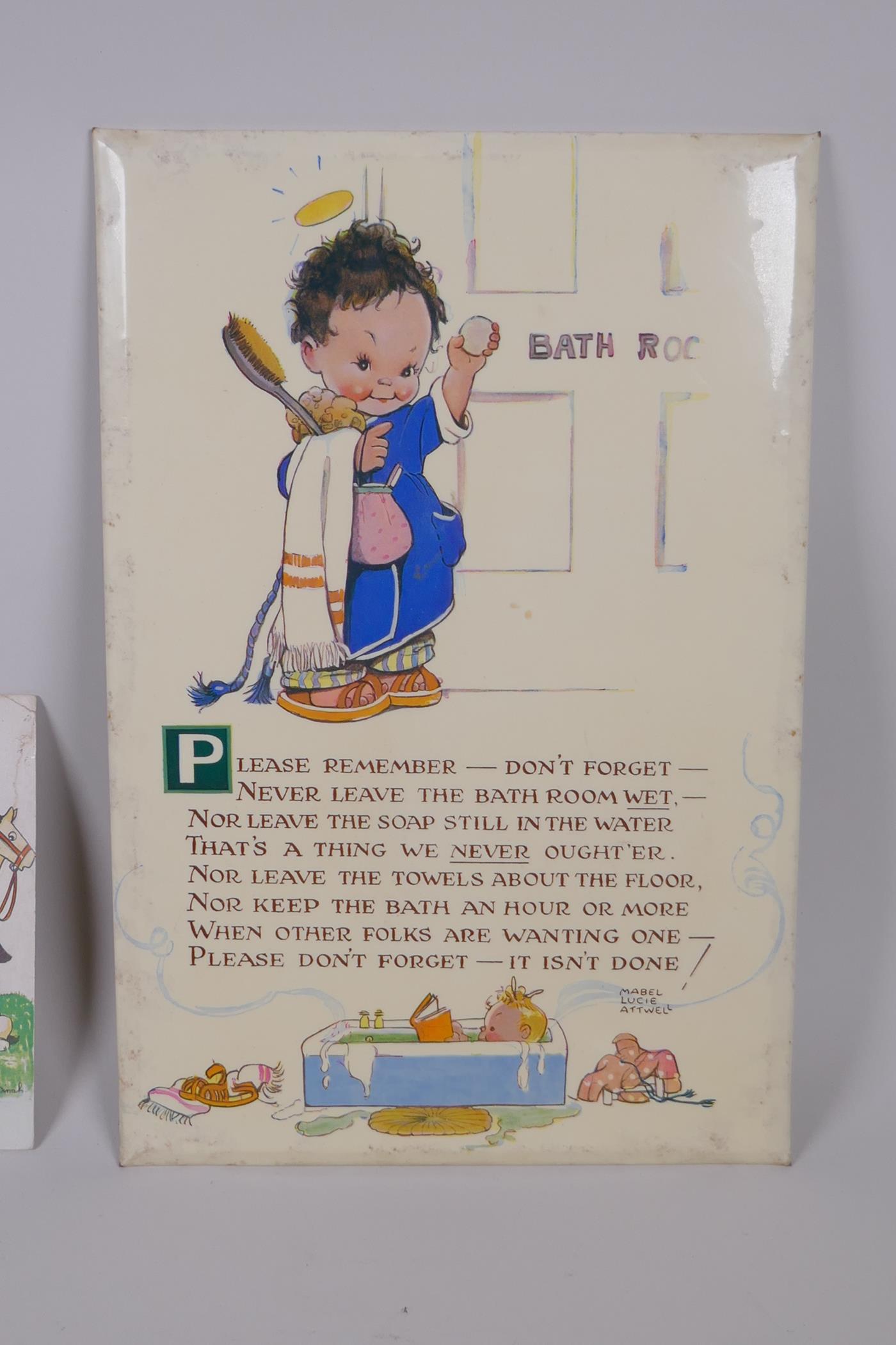 Mabel Lucy Atwell, vintage household wipe clean shopping list plaque, The Bathroom illustrated - Image 3 of 5