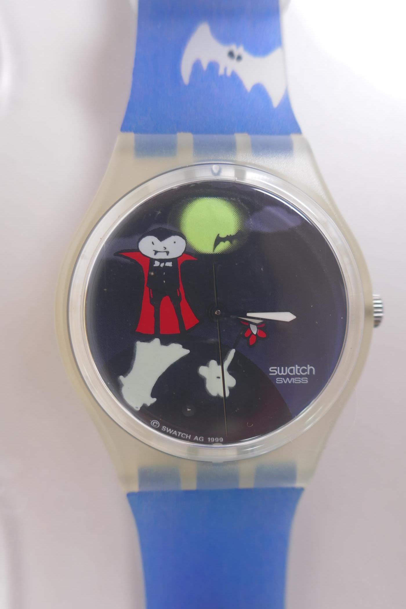 A collection of Retro Swatch watches including Dinosaur Skeleton (Loomi), Bats Knight, Hot Stuff ( - Image 5 of 10