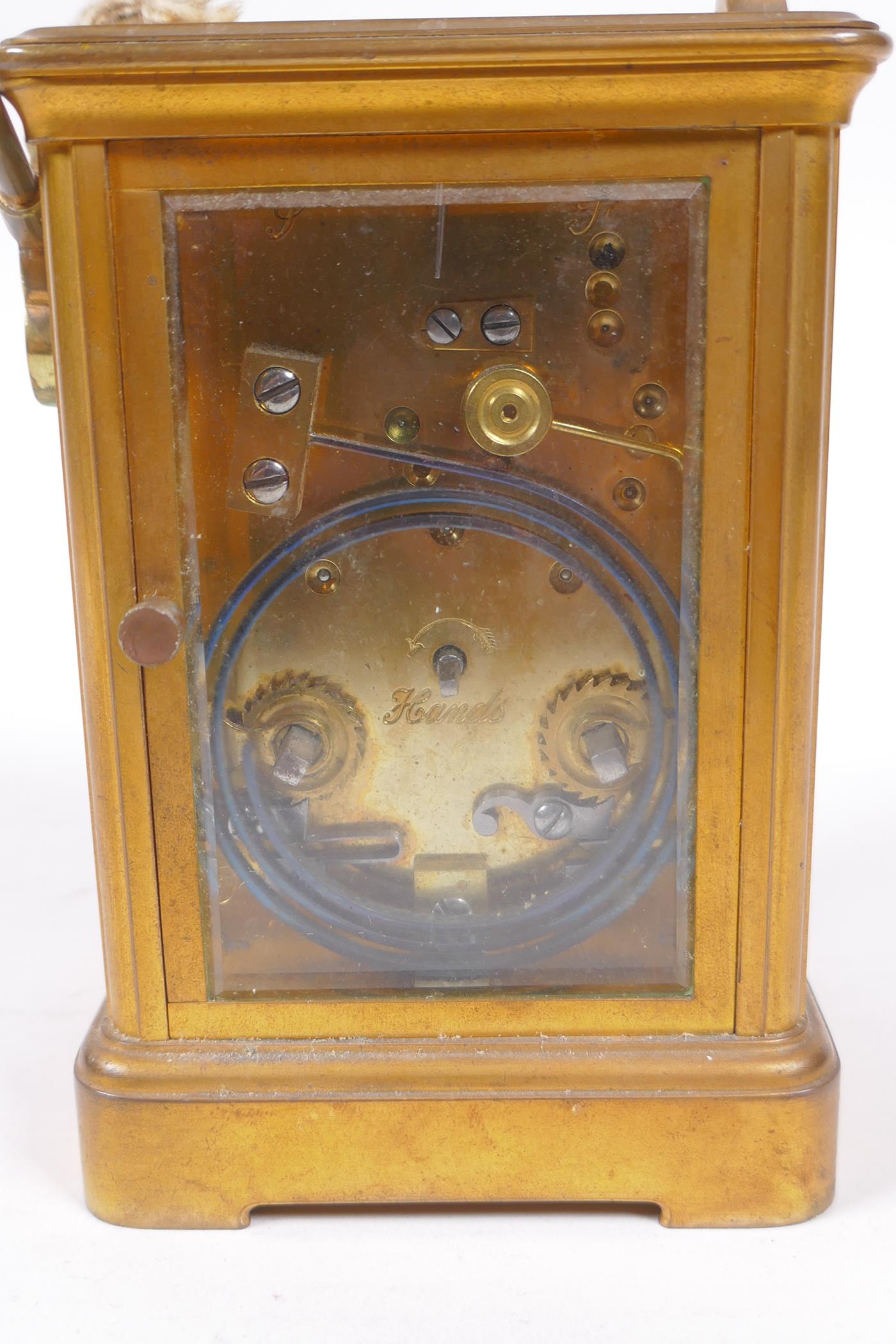 An early C20th French brass carriage clock striking on a gong by Richard & Cie,9 x 8cm, 14cm high - Image 4 of 6
