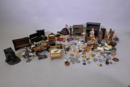 A collection of dolls' house furniture, carpets, figures and C17th style furniture