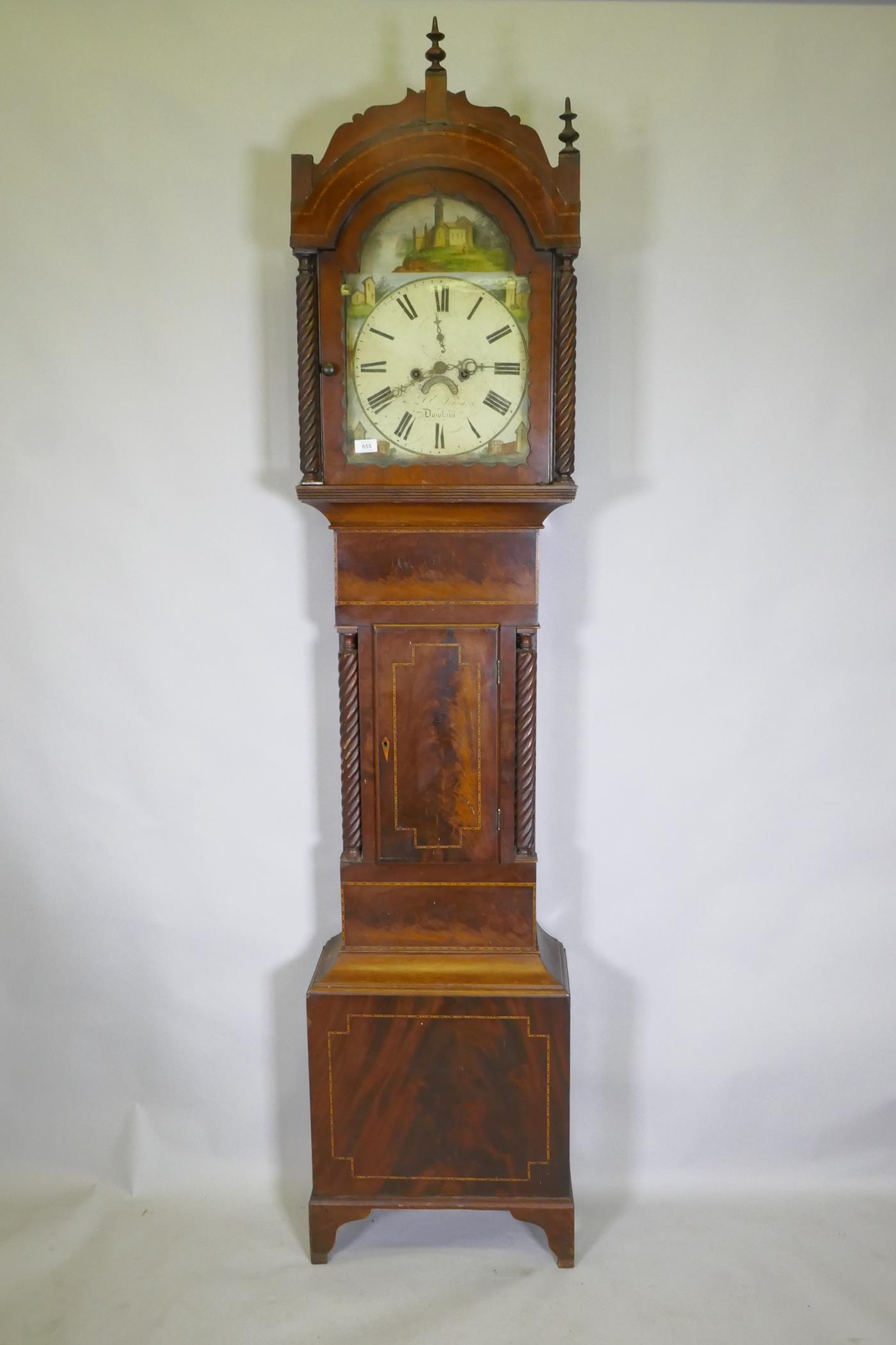 C19th mahogany long case clock, with arched hood and painted dial, the spandrels decorated with