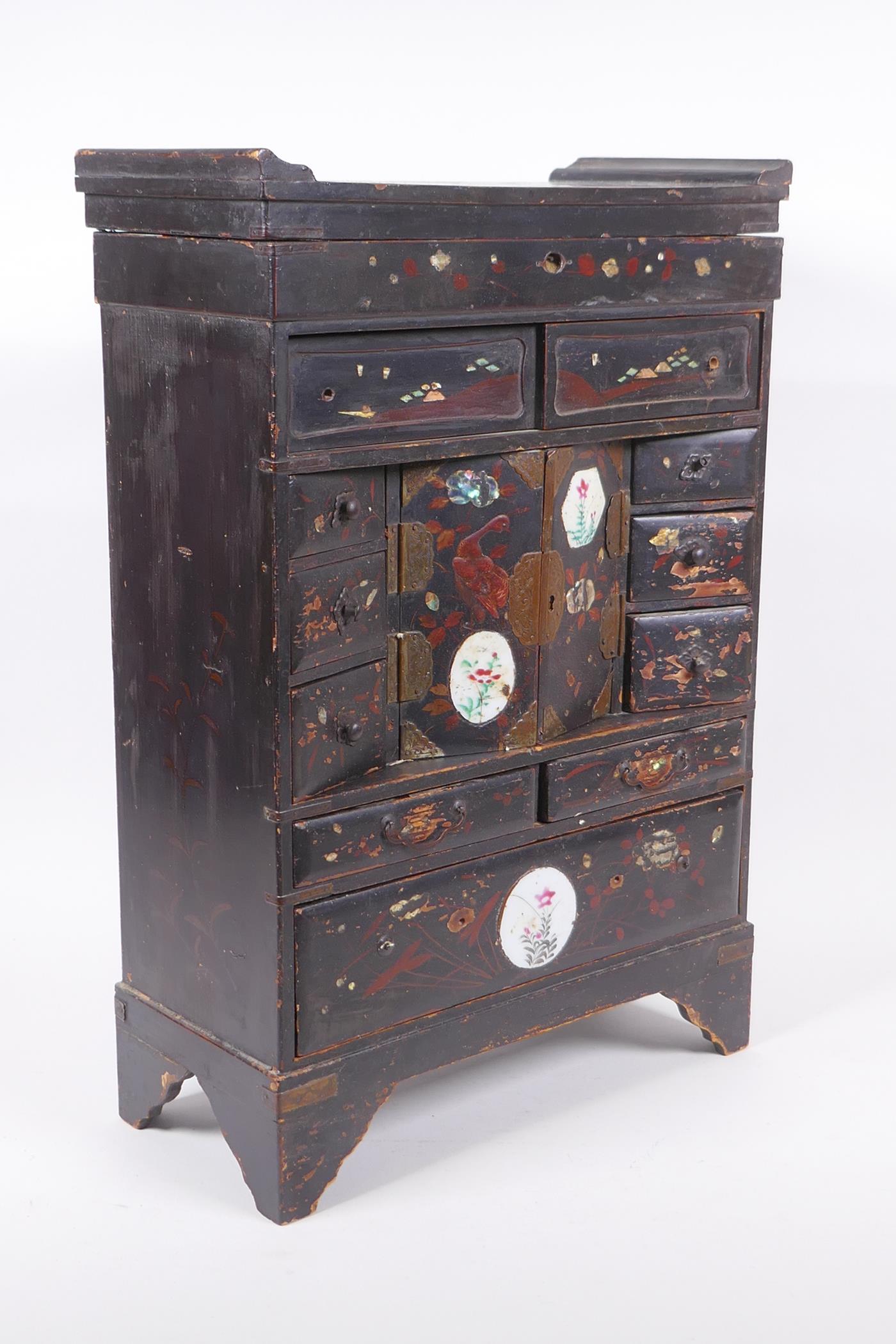 A Japanese Meiji period lacquer table top shodhana with inset porcelain panels, 31 x 14cm, 47cm high - Image 2 of 5