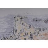 David Allison, coastal scene with figures on a quayside, signed pastel drawing, 52 x 63cm, unframed