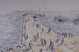 David Allison, coastal scene with figures on a quayside, signed pastel drawing, 52 x 63cm, unframed