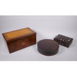 An inlaid mahogany work/jewellery box, a turned mahogany cylinder box, and porcupine quill trinket