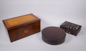 An inlaid mahogany work/jewellery box, a turned mahogany cylinder box, and porcupine quill trinket