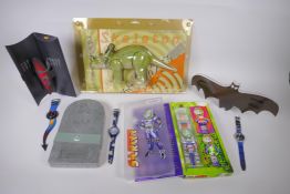 A collection of Retro Swatch watches including Dinosaur Skeleton (Loomi), Bats Knight, Hot Stuff (