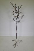A wrought iron tree with amber glass blossoms, 156cm high