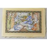 A watercolour miniature on card, Safavid Court Scene with figures and a lion, inscribed verso, Mir