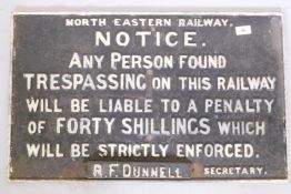 A North Eastern Railway cast iron sign, 70 x 43cm