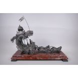 An Indian silver filigree horse drawn carriage on a red marble base, AF, 46cm high x 57cm long