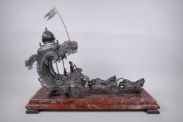 An Indian silver filigree horse drawn carriage on a red marble base, AF, 46cm high x 57cm long