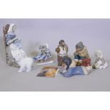 A Lladro  figure, No 04865, Insular Embroiderer, 30cm high; 12140, Pepita with hat; 5655, Arctic