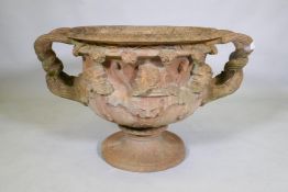 A terracotta garden urn in the form of the Warwick Vase, after the antique, 58cm diameter x 50cm