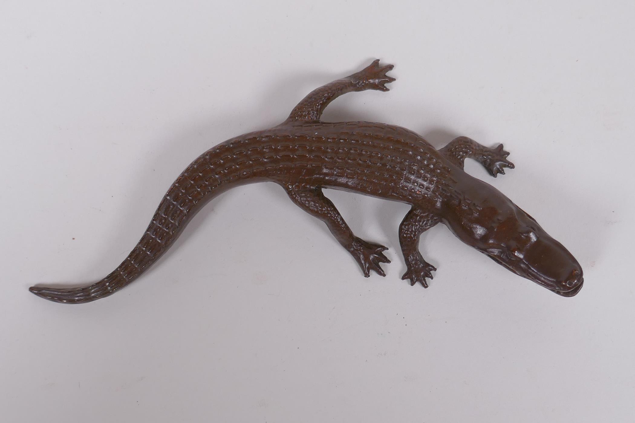 A Japanese style bronze okimono crocodile, 18cm long - Image 2 of 2