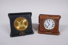 A Mappin gilt brass travel clock in a leather case, with illuminated hands and Arabic numerals,